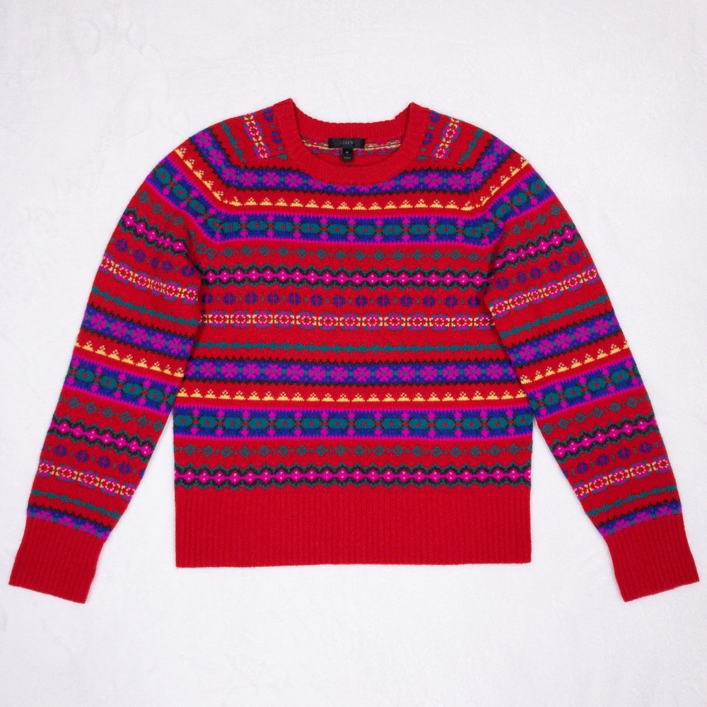 J Crew Holly Fair Isle Sweater Womens Medium Red Wool Geometric Holiday Knit